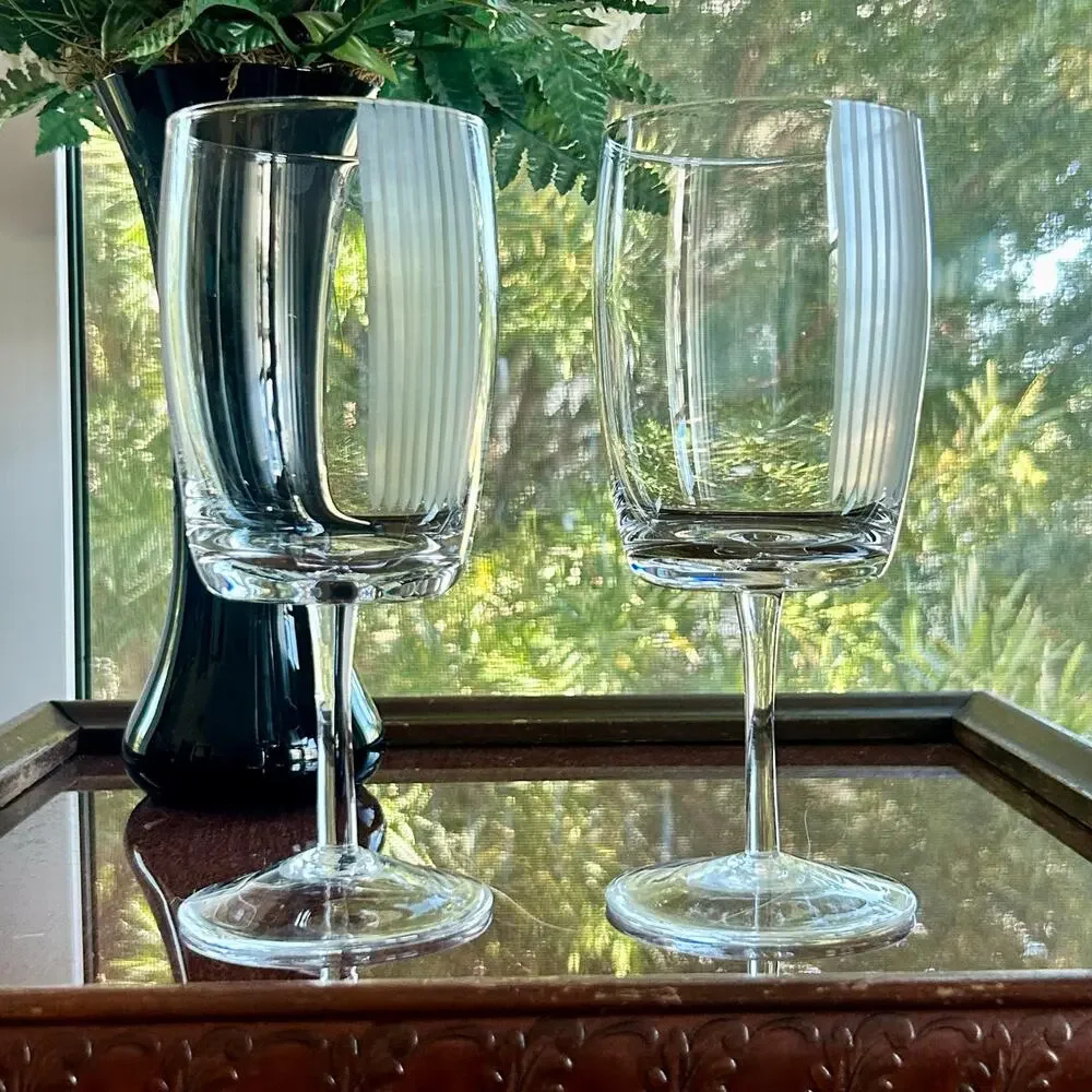 Pair of Vintage Stemmed Water Goblets with Vertical Frosted Stripes – 8” Tall